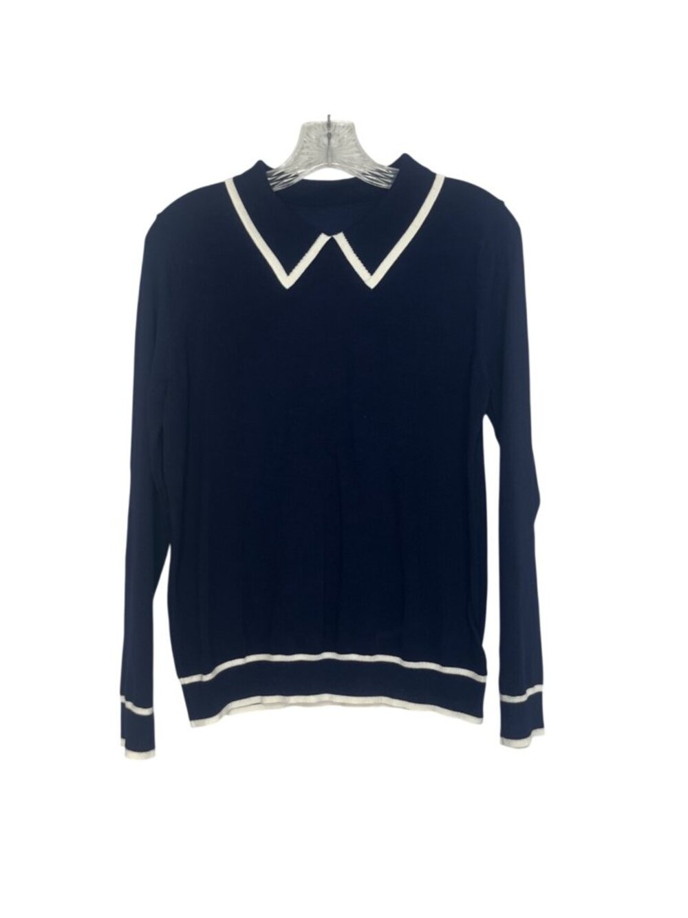 Knit Sweater Large Blue White Contrast New Trim‎ Long Sleeve
